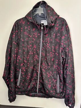 Champion Floral  Lightweight Hooded Zip-up Windbreaker Jacket|blacn Pink ~L